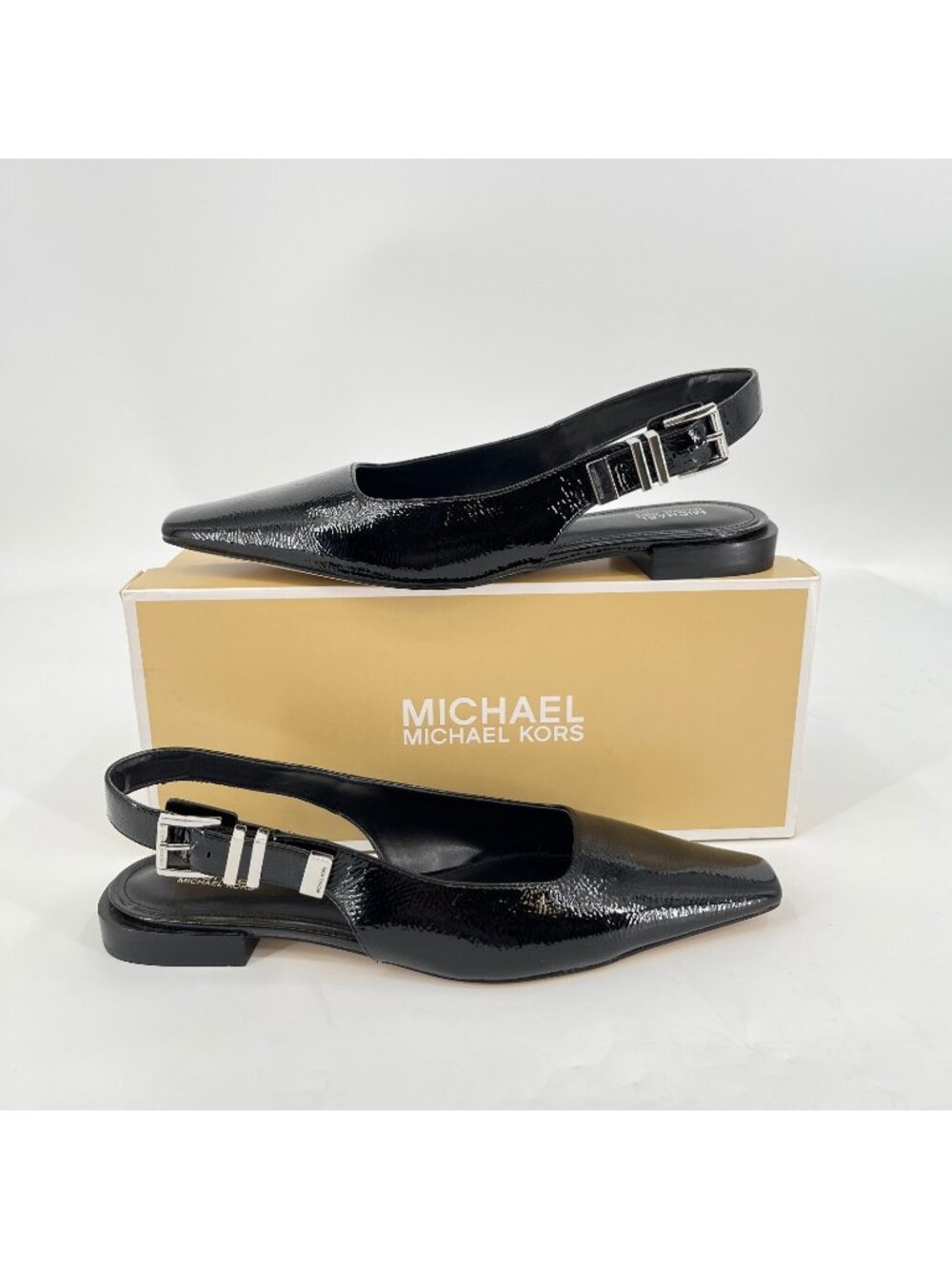 Michael Kors Darrington Sling Flats Black Size 9.5M Patent Leather Square Toe